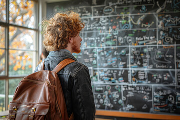 Male student with curly hair stands before a chalkboard filled with complex equations and diagrams, deep in thought