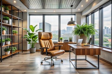 In this modern office, a plush armchair and sleek furniture come together to form a welcoming environment that