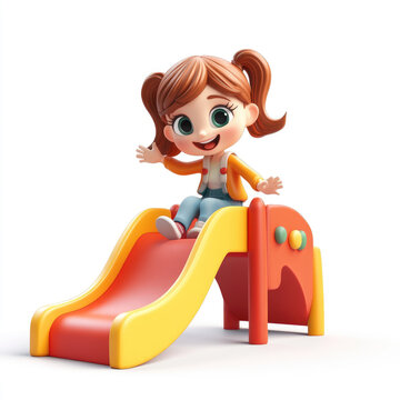 3D cartoon, a girl playing in the playground with a happy gesture. on a solid white background