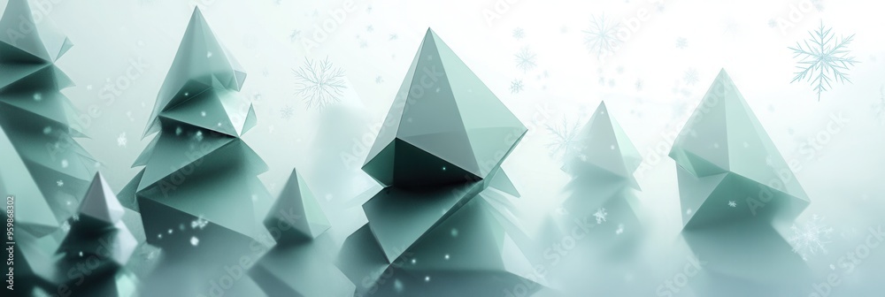 Poster The landscape features an array of abstract Christmas trees shaped like triangles, surrounded by light snow and a serene atmosphere. Generative AI