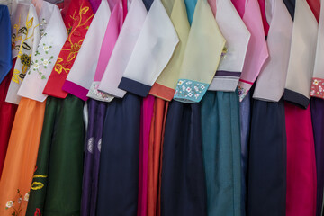 Jung-gu, Seoul, South Korea - March 18, 2021: Hanbok(Korean traditional clothes) for women on display for sale at Namdaemun Market