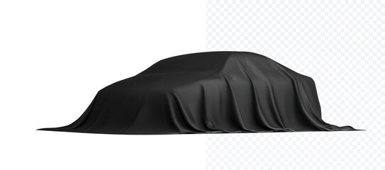 3D vector illustration of a car covered with a black cloth, symbolizing a vehicle reveal or presentation event. Realistic car covered with black cloth on white background.