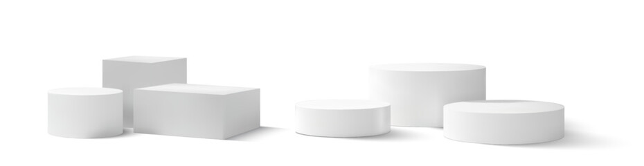 3D vector of various white podiums and platforms in different shapes and sizes, ideal for product displays and presentations. These minimal and clean designs are perfect for showcasing items