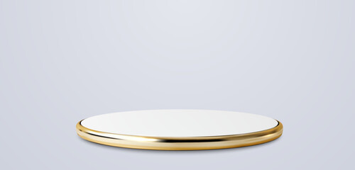 Vector illustration of sleek, modern display platform with a gold rim, perfect for showcasing products or creating a luxurious presentation. Minimalist design. 3D realistic luxury style golden podium