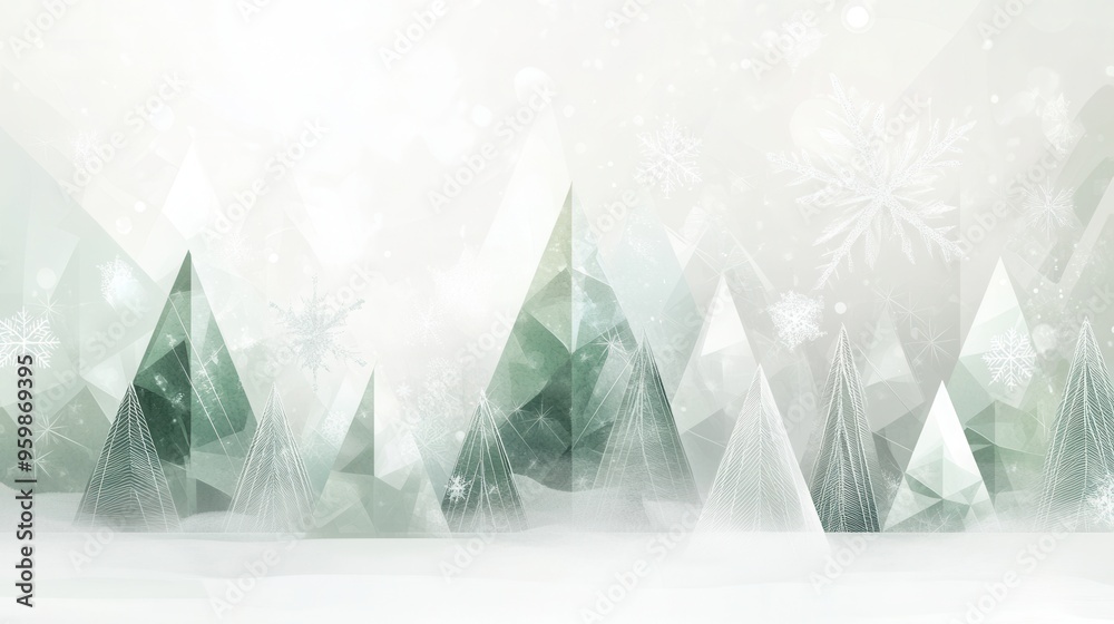 Poster abstract geometric shapes represent christmas trees in a tranquil winter forest, showcasing a unique