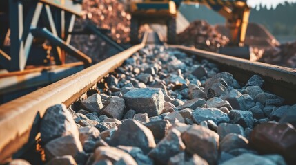 A conveyor belt transporting large rocks through a quarry, symbolizing industriousness and raw material processing.
