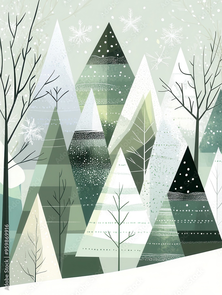 Aufkleber abstract christmas trees made of geometric shapes create a winter wonderland, with snow gently falli