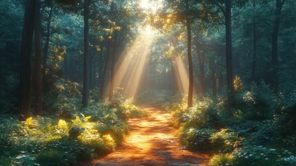 Obraz premium Sunbeams Through Forest Trees