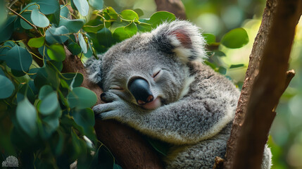 Obraz premium A sleepy koala clinging to a eucalyptus tree, with a peaceful expression and surrounded by lush green leaves