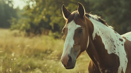 Obraz premium A majestic brown and white horse stands in a sunlit meadow, its attentive gaze directed at the viewer, capturing the essence of nature and equine grace.