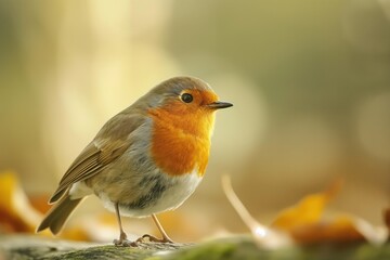 Robbin bird perched on twig in wild green forest with shallow depth of field. Bright sky above with vibrant flowers, clear sun shining. Small wild animal with beautiful feather, wing, beak, perched