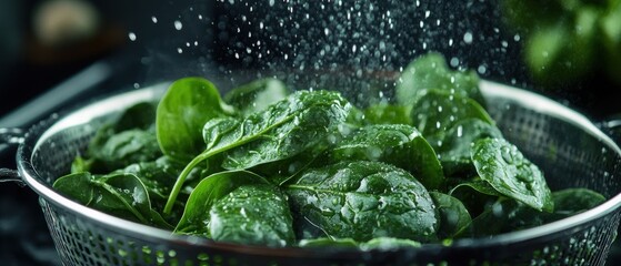 Fresh Spinach Leaves in Colander with Water Drops