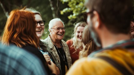 An elderly person joyfully interacts with younger adults in a lively outdoor scene, embodying generational bonding, laughter, and the warmth of shared stories.