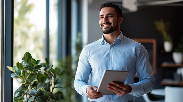 Happy young Hispanic professional business man using tab standing in office. businessman manager male executive leader holding tablet at work looking away dreaming of future successful career. - Powered by Adobe