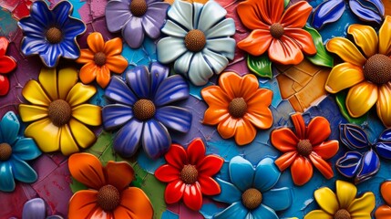 Fototapeta premium This captivating image features a variety of ceramic flowers arranged on a vibrant, multicolored background. Each ceramic flower is beautifully crafted, showcasing a range of vivid colors and detailed