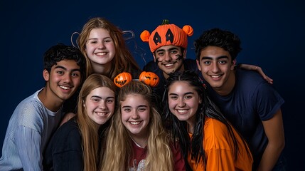 Fototapeta premium College Halloween costume contest with students posing for pictures, ultra-sharp focus, solid dark blue background