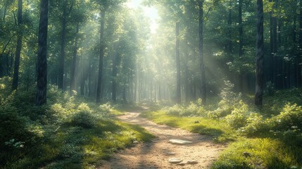 Obraz premium Sunbeams Through Forest Path