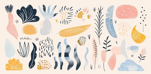 Abstract botanical patterns in pastel colors with shapes and textures on a light background