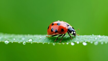 Fototapeta premium A ladybug with black spots on its red shell is perched on a green leaf covered in dew drops.