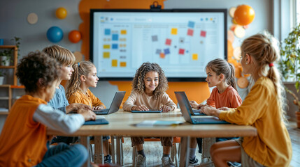 A group of children are sitting around a table in a school classroom with open laptops.