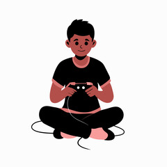 Focused young boy enthusiastically playing video game while sitting cross-legged