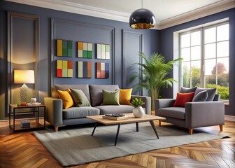 Fototapeta premium A plush grey furniture ensemble provides a comfortable backdrop for a room that bursts with creativity, as vibrant