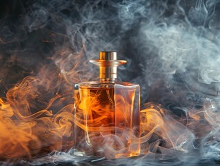 Elegant Perfume Bottle Surrounded By Swirling Smoke On Dark Background