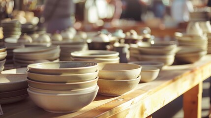 Fototapeta premium An assortment of ceramic bowls displayed on a wooden table under the soft glow of warm sunlight, evoking a sense of artisanal charm.
