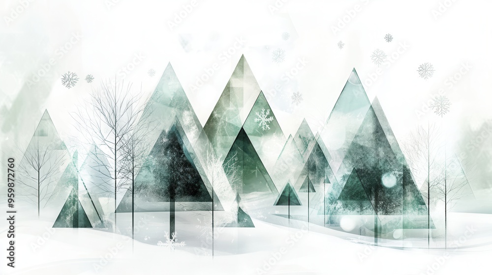 Poster A serene winter setting features Christmas trees represented by geometric triangles of differing shapes and sizes against a snowy backdrop. Generative AI