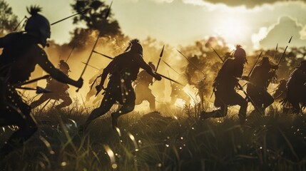 Silhouetted warriors charge through a field at dawn, their figures sharply defined against the rising sun, capturing the intensity and drama of a historical battle.