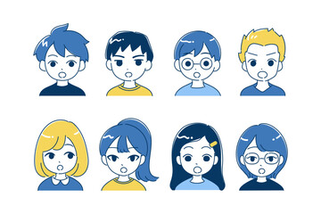 子供のアイコンイラストセット　ポカンと口を開ける　バストアップ　ブルー、イエロー