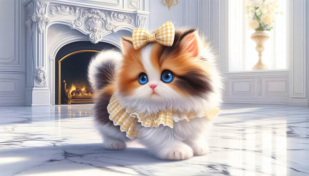 かわいい三毛猫マンチカン子猫がチェックドレスを着てラグジュアリー暖炉前をよちよち歩いているイラスト