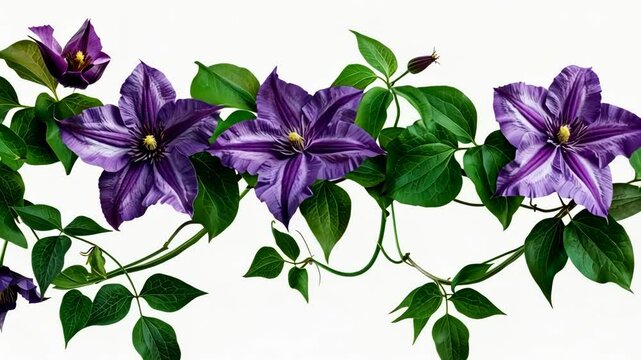 Beautiful clematis flowers blooming on a vine in a lush garden during springtime, showcasing vibrant purple colors and rich green leaves