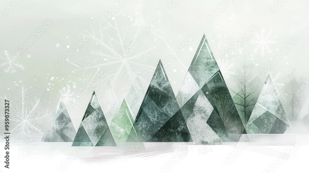 Poster An enchanting winter landscape features Christmas trees crafted from geometric triangles, creating a unique and artistic snowy atmosphere. Generative AI