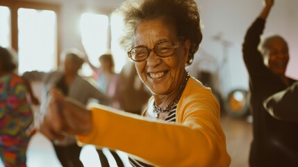 An elderly woman joyfully dances with friends, highlighting the joy and vitality found in later stages of life and the importance of social connections.
