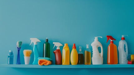 A vibrantly arranged shelf with various cleaning supplies against a blue background, demonstrating a neat and colorful presentation of household essentials.