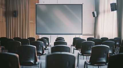 A spacious meeting room with rows of black chairs facing a blank presentation screen, ready for a corporate event or seminar.