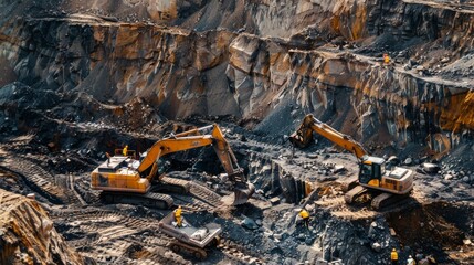 Excavators work diligently in a rugged quarry, highlighting the industrious nature of mining operations.