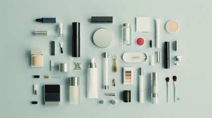 A sophisticated display of high-end makeup products, including lipsticks, foundations, and brushes, meticulously organized on a sleek, pale surface.