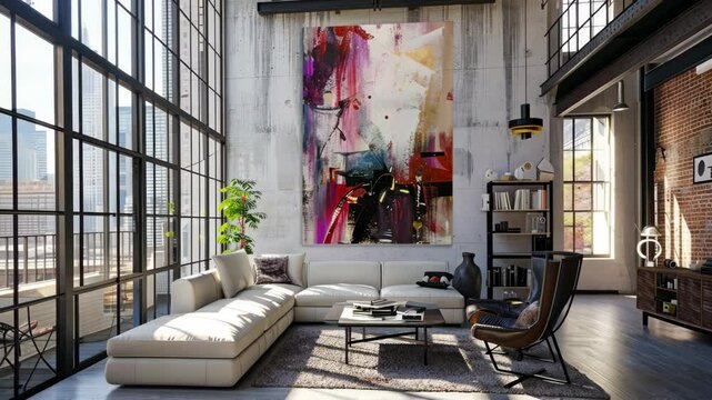 Stylish modern living room with large windows and vibrant art in a contemporary urban loft