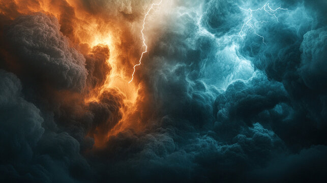 A dynamic scene of stormy weather with a dark sky, swirling clouds and lightning lighting up the horizon, creating a dramatic and intense background.