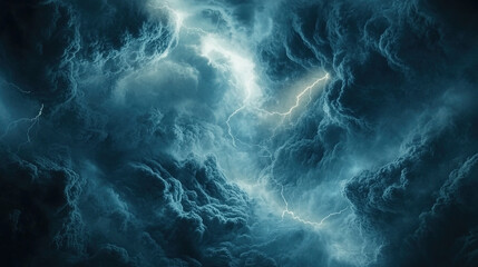 A dynamic scene of stormy weather with a dark sky, swirling clouds and lightning lighting up the horizon, creating a dramatic and intense background.