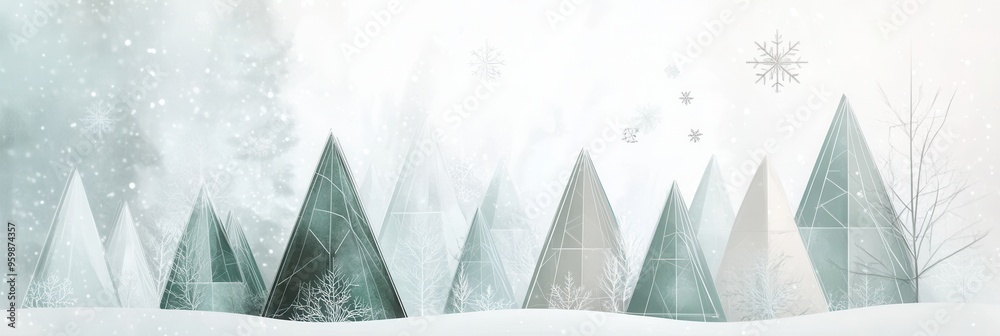 Aufkleber an enchanting winter wonderland showcases geometric christmas trees in various triangular shapes set