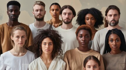 A diverse group of people standing closely together, each showing unique styles and expressions, captured against a neutral-toned background, symbolizing unity.