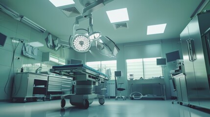 A sterile, sleek operating room with advanced medical equipment under bright lights, ready for a surgical procedure.