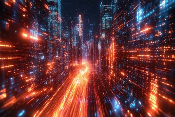Naklejka premium A digital cityscape with glowing data streams flowing through buildings, symbolizing AI's impact on urban planning and smart cities