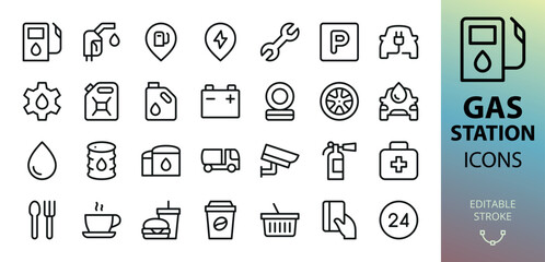 Gas station isolated icons set. Set of gas pump, fuel pistol, electric vehicle charging station, car parking, jerrycan, car service, gasoline truck, oil barrel vector icon with editable stroke