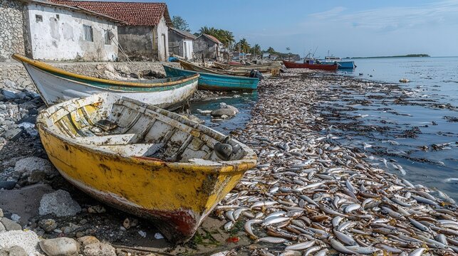 A scenic view of colorful boats along a shore littered with fish remains, reflecting an ecological concern in coastal waters.