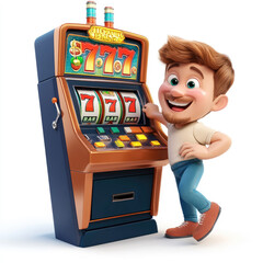 3D cartoon of a man playing a jackpot casino slot machine, against a solid white background
