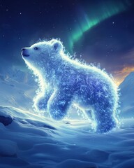 A magical polar bear shines under the aurora borealis, surrounded by snowy landscapes, embodying winter's enchanting beauty.